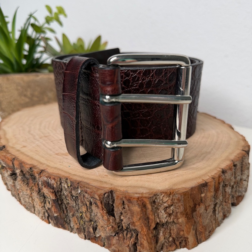 Banana Republic Belt Womens Mahogany Croc Embossed Double Prong Buckle Luxe 32 S